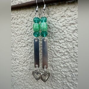 Chic Silver and Green Heart Drop Earrings